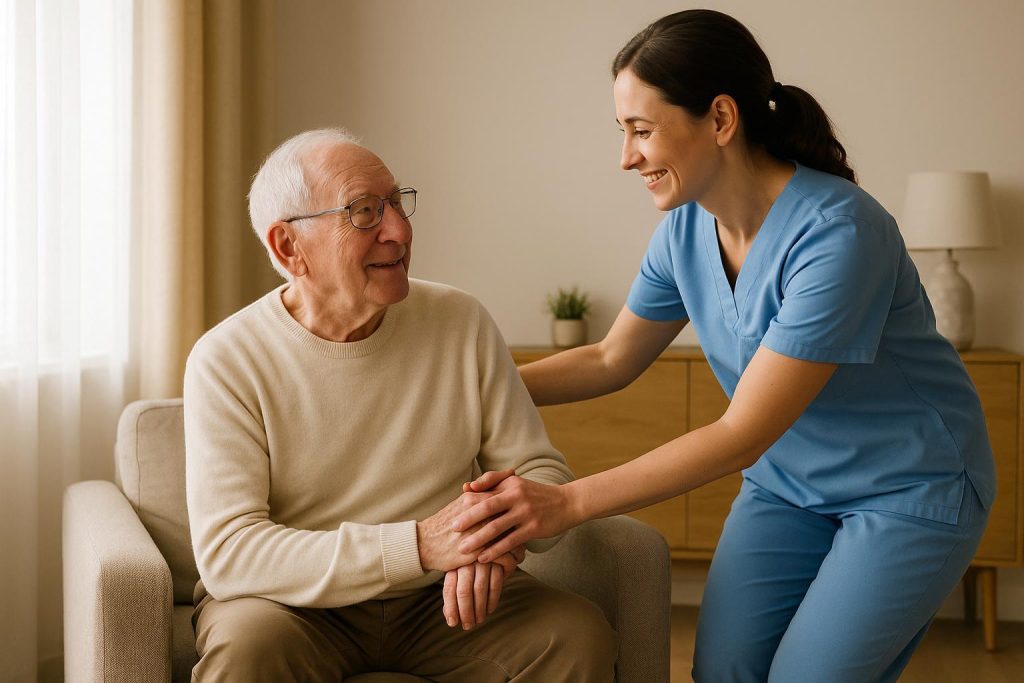 A caregiver assists an older adult during respite care, providing support for dementia in a cozy home.