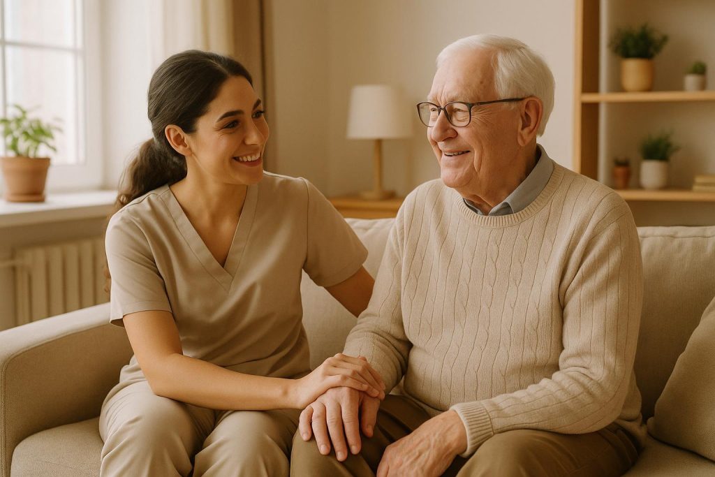 A caregiver comforts an older adult at home, demonstrating empathetic dementia care.