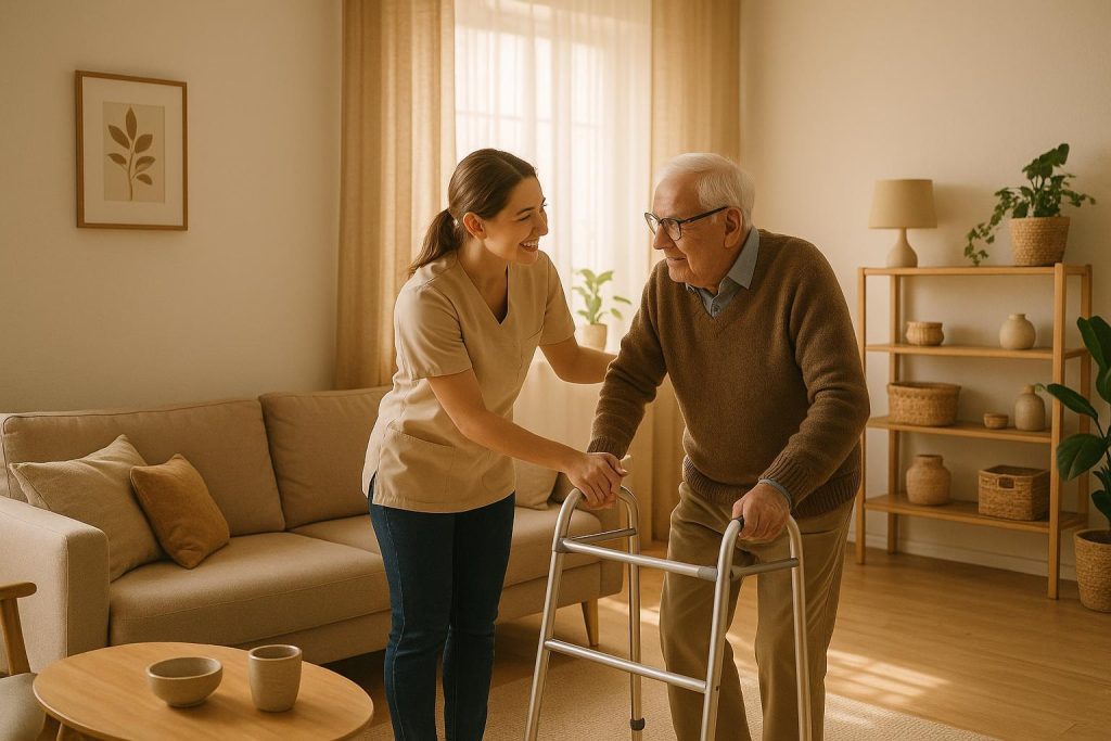 Caregiver and older adult in a bright living room, highlighting flexible home support hours.