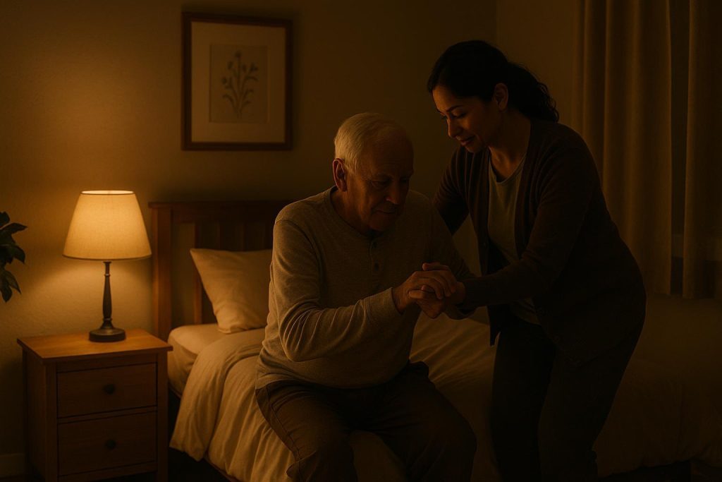 Caregiver offering overnight home support to an older adult in a cozy bedroom.