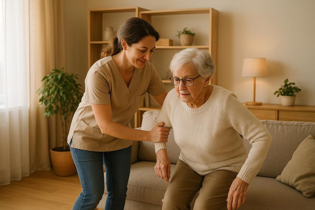 A caring home care aide assisting an older adult in a cozy living area, reflecting respite care skills