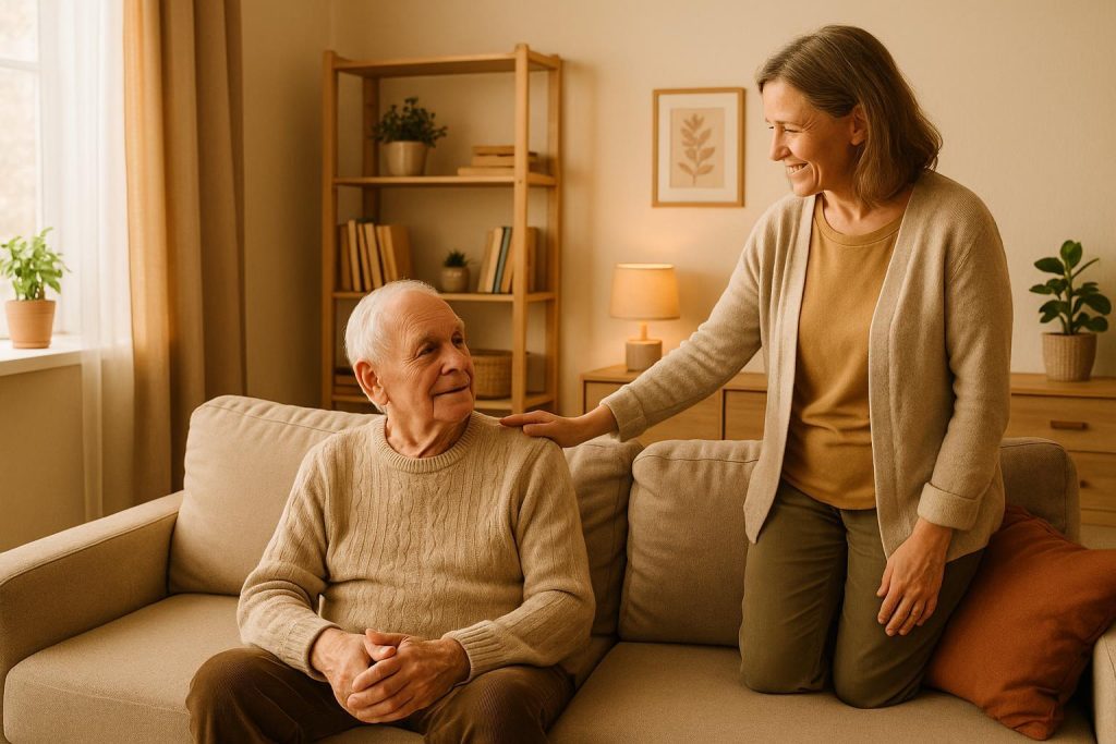 Caring supporter providing respite care to an older adult, enhancing mental health.