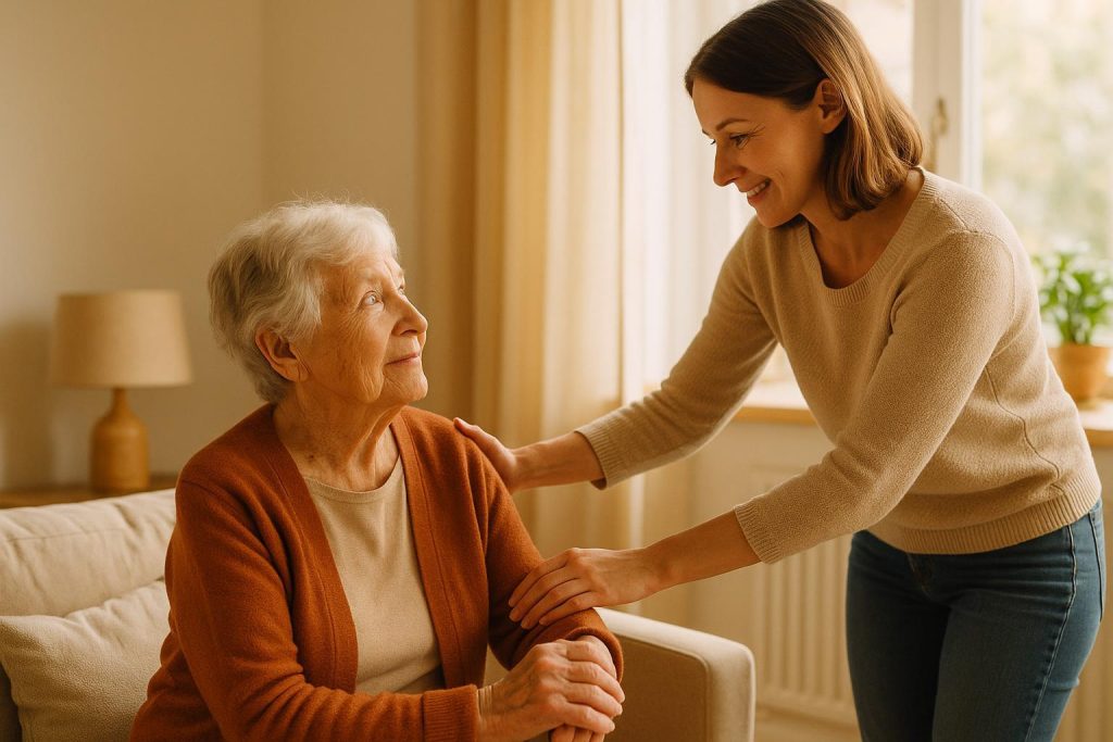 A caregiver by an older adult’s side, illustrating continuous care from trusted care providers.
