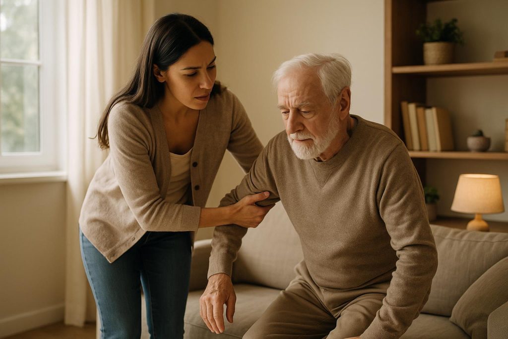 Caregiver assisting an older adult at home, illustrating support services.