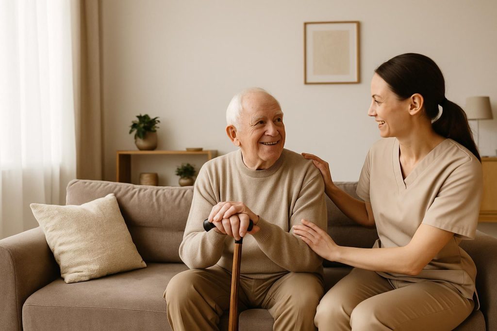 Older adult and caregiver chatting in a living room, showing daily living support.