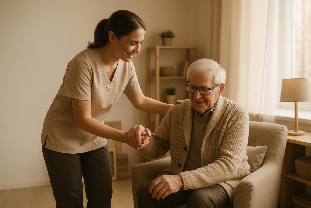 Caregiver gently supports an older adult at home, reflecting dignified home support.