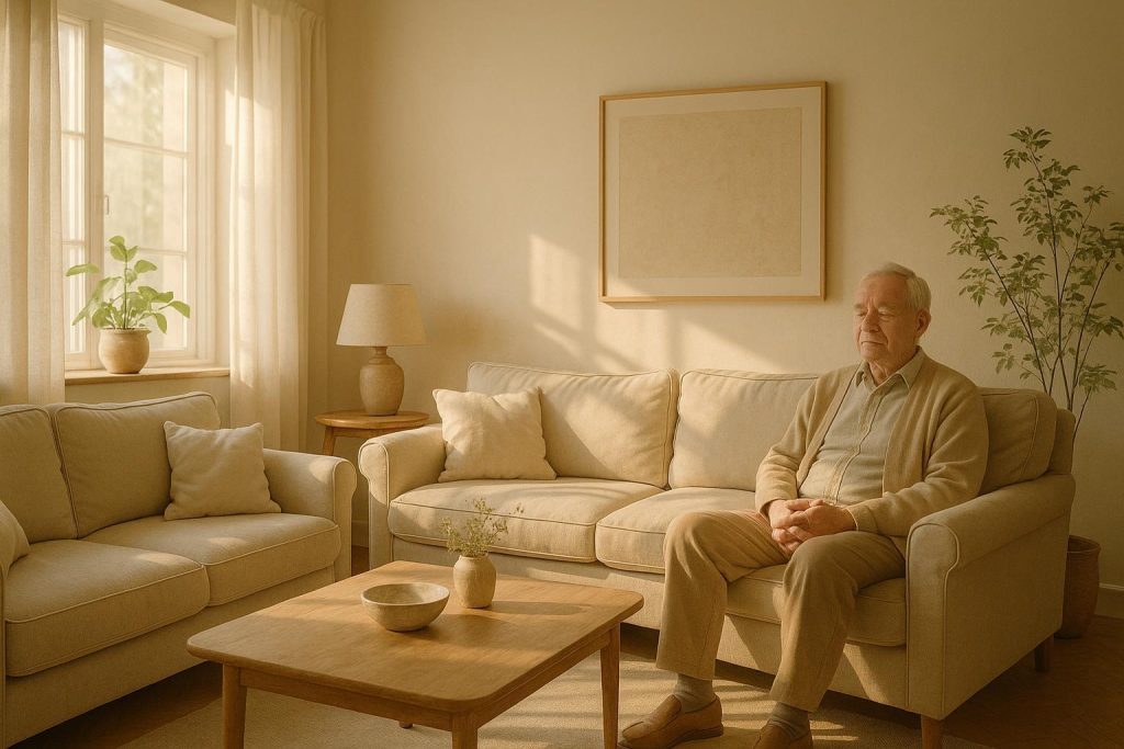 Older adult comfortably seated at home receiving home support after a hospital stay.