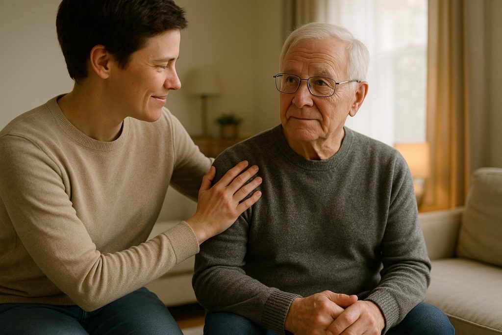 Adult child supporting an older adult at home, illustrating respite care.