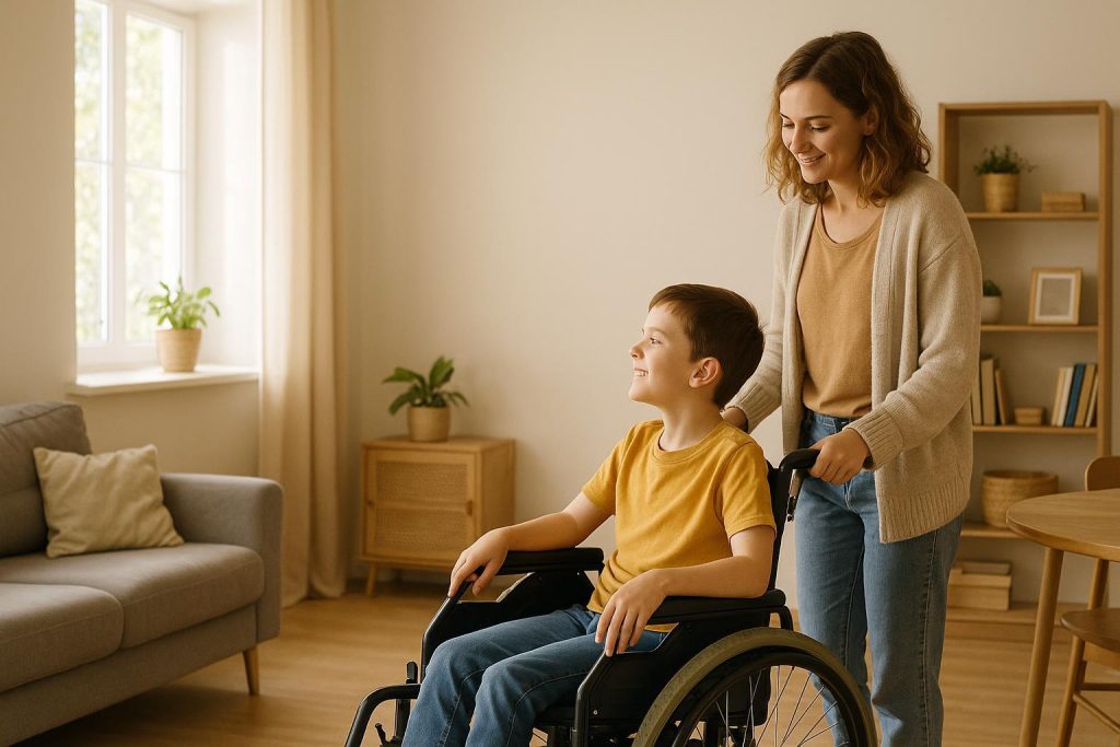 Warm scene of a caregiver assisting a child in a wheelchair, reflecting care for children with disabilities.