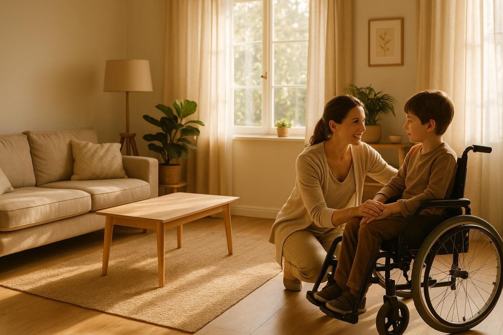 Child in a wheelchair at home with caretaker, highlighting care for children with disabilities.